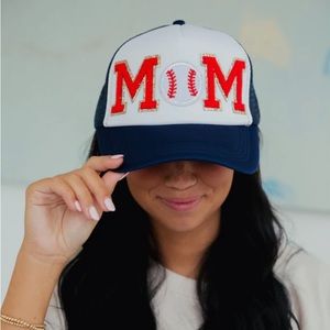 Judith March Biggest Fan MOM Baseball Patch Navy/white Embellished Trucker Hat